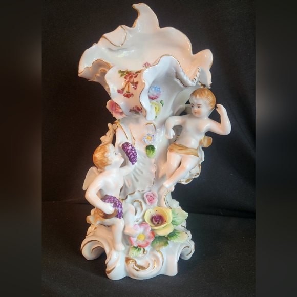 Relief Cherub Porcelain Vase Angel Figures Majolica Embossed 3D Antique